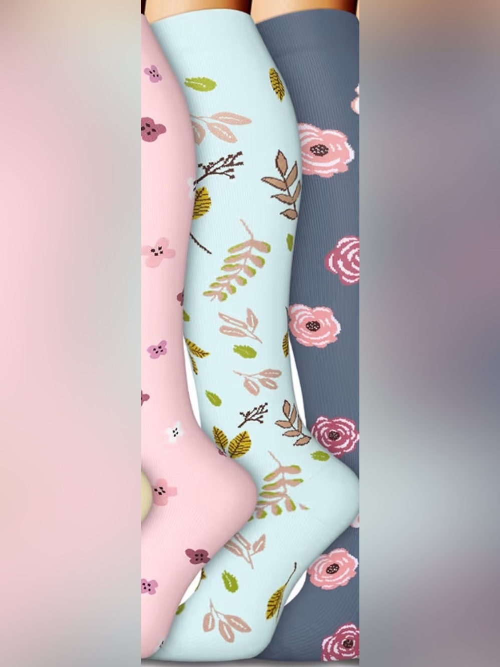 Floral Patterned Knee-High Socks - Light Blue With Leaf Print